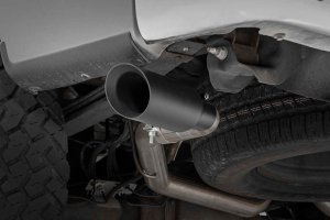 Ford F-150 Performance Exhaust - Rear + Side Exit - Rough Country - Dual Cat-Back, High-temp resistant, Dual-wall 304 stainless tips - Black - '09-'14